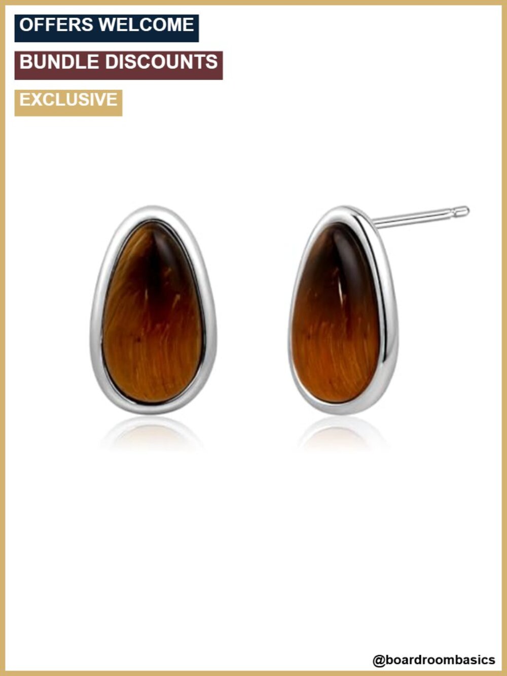 Teardrop Stud Earrings Silver Tone Natural Tiger Eye Stone Minimalist